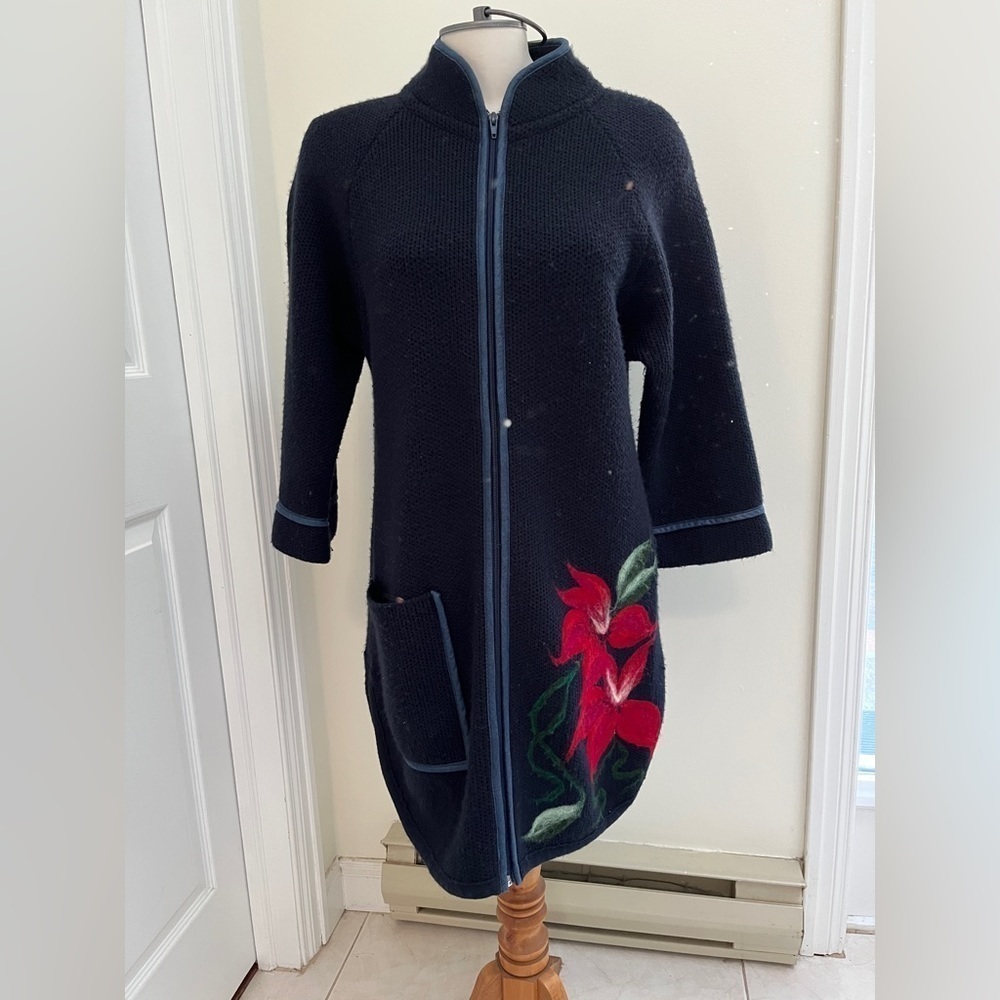 Sweater coat ladies size medium with flower details.
